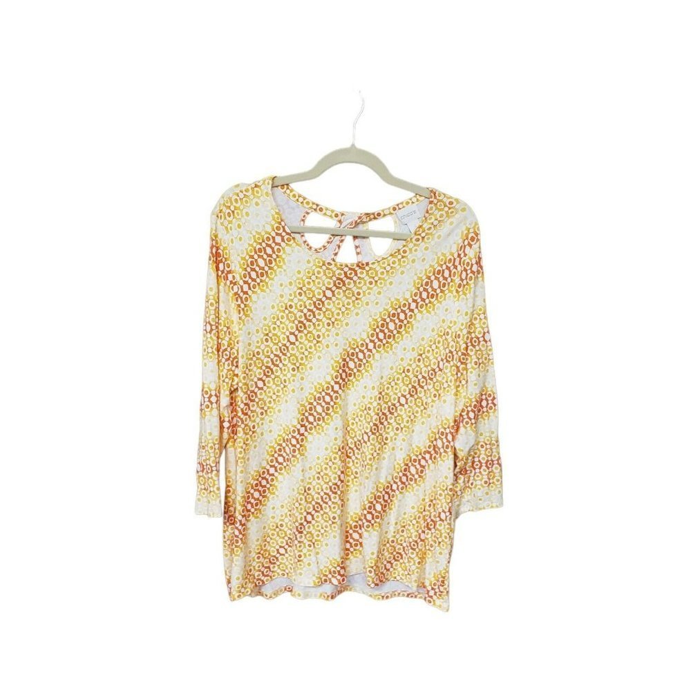 Chicos White Orange Tunic Top w-Keyhole Twist Back. Chico’s size 3 = 16-18.